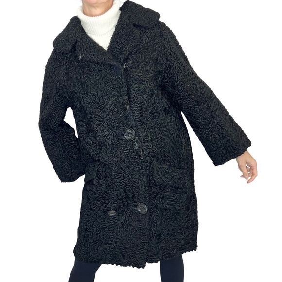 Vintage 50s Laflamme Fourrure black persian lamb flare sleeve coat flawed - Picture 3 of 15